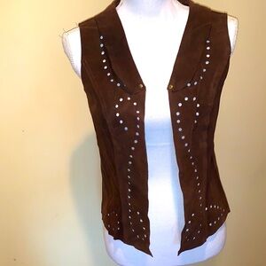 Vintage Leather Vest Chocolate Brown Laser Cut Open Front Boho Western S/M